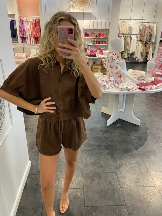 Bear Chocolate Suede Cropped Shirt and Shorts Set