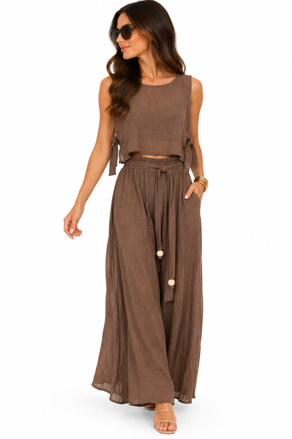 Nikki Brown Linen Beach Pant Set