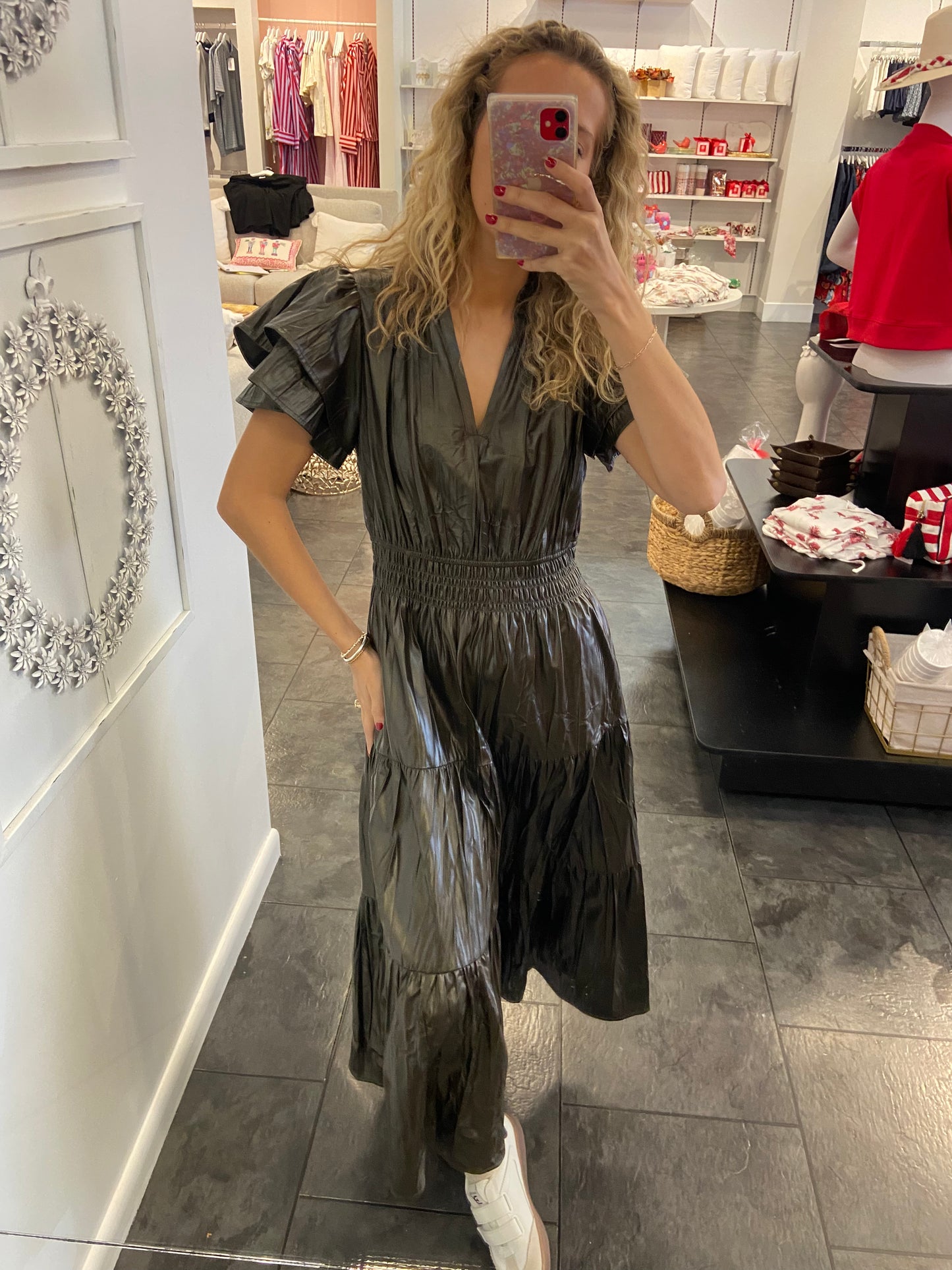 Flutter Sleeve Leather Maxi Dress