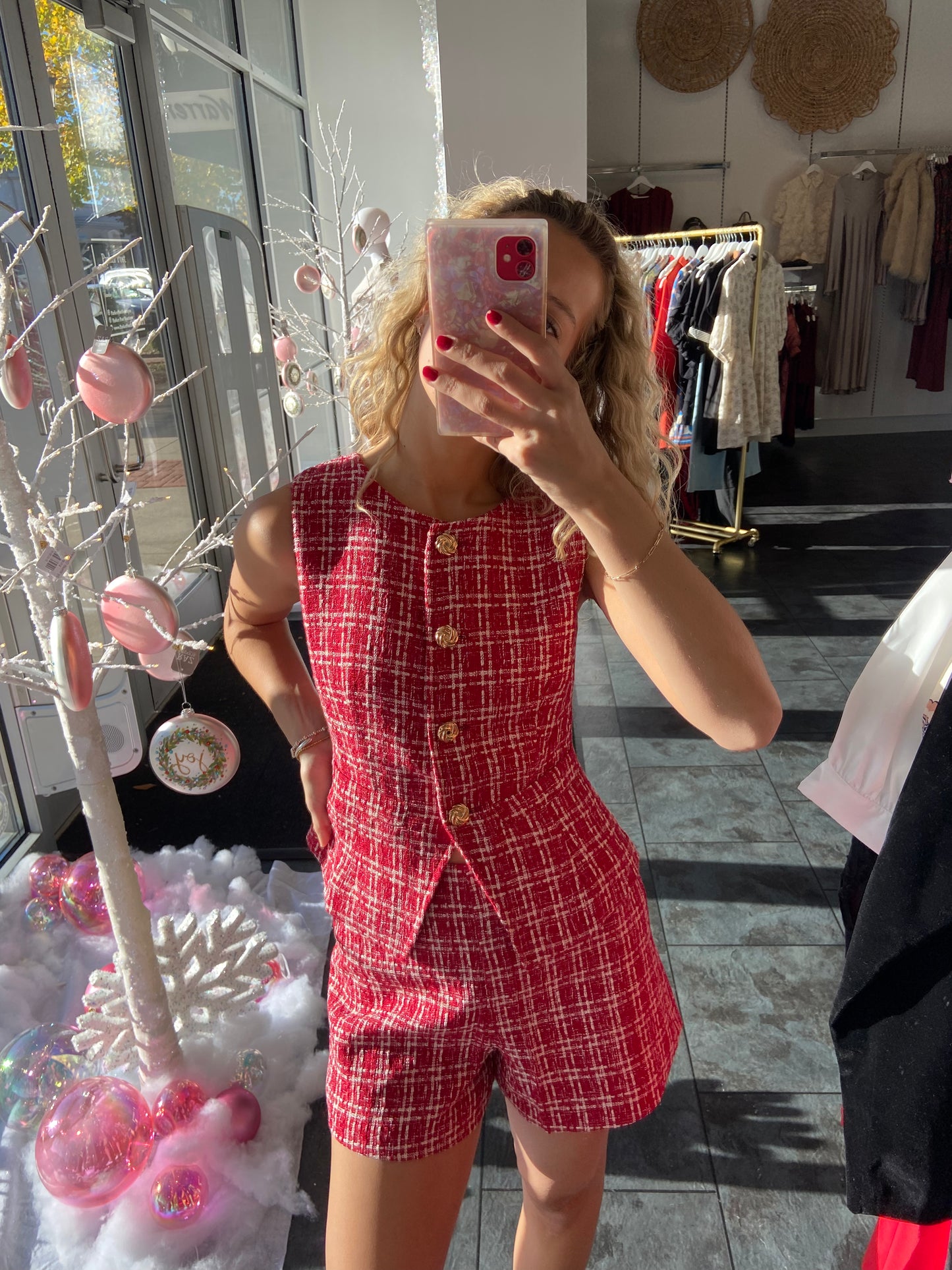 Crimson Tweed Vest and Skirt