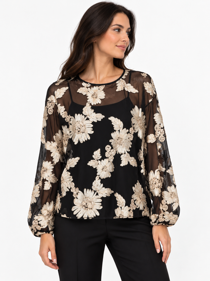 Astrid Black With Floral Embroidered Long Sleeve Top