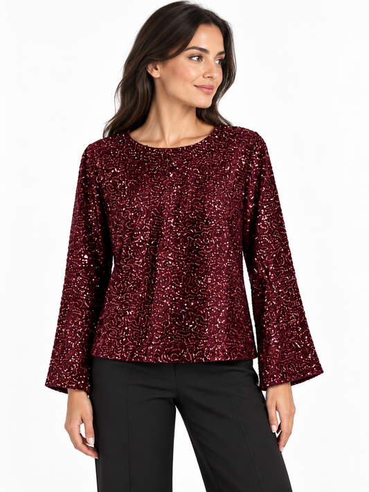 Claire Wine Sequin Long Sleeve Blouse