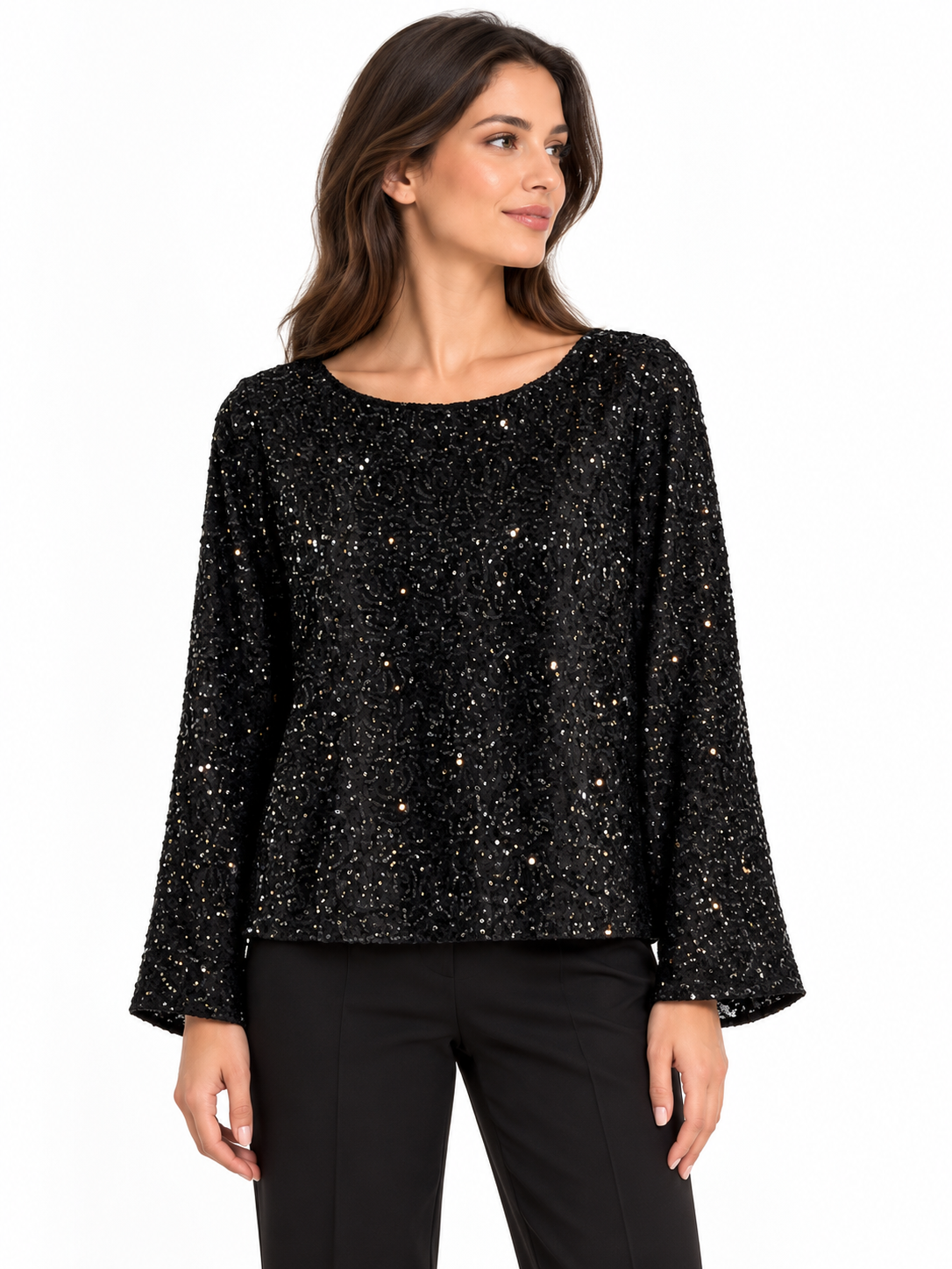 Claire Black Sequin Long Sleeve Blouse