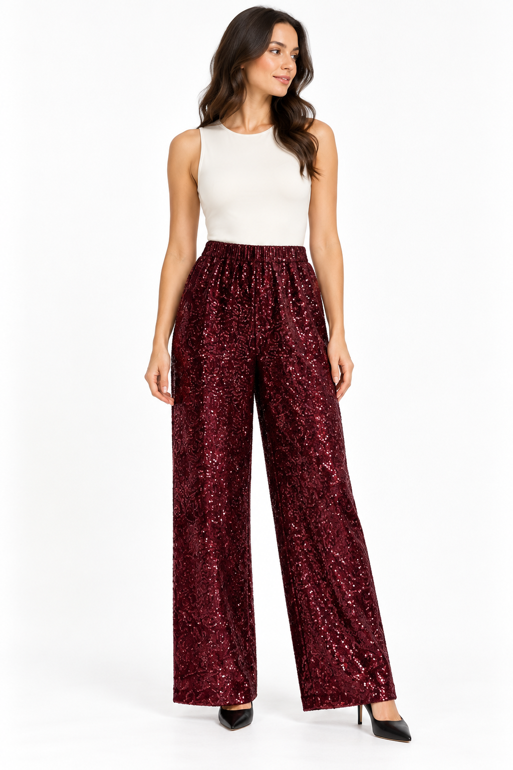 Wine Sequin Pull On Pant