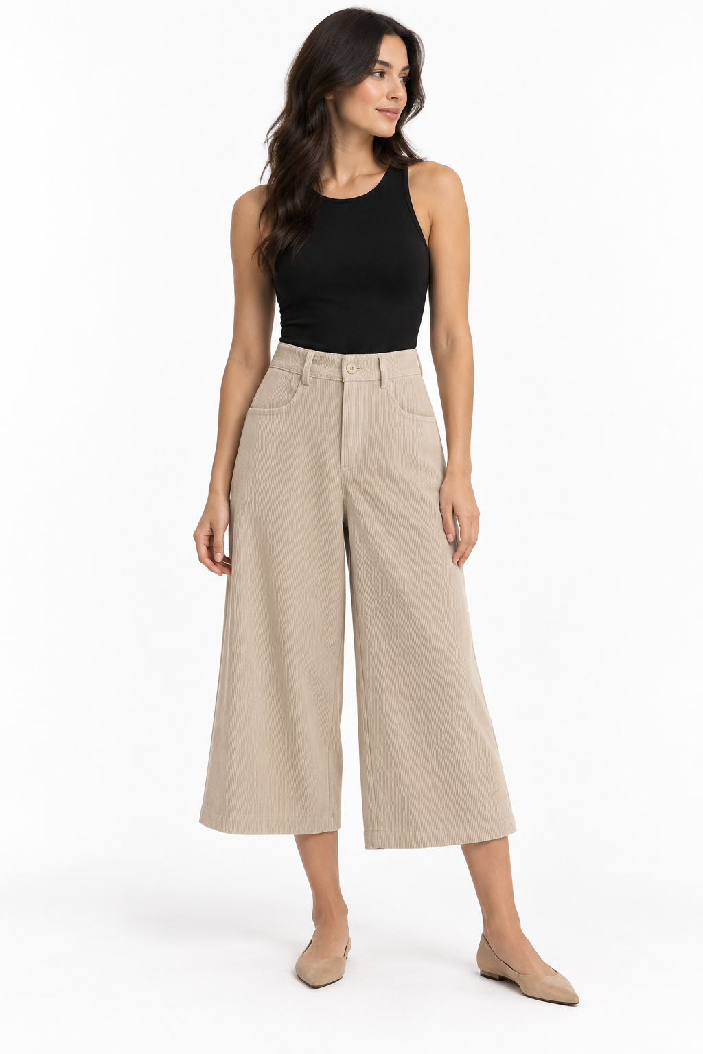 Anastacia Cream Corduroy Wide Leg Capri Pant