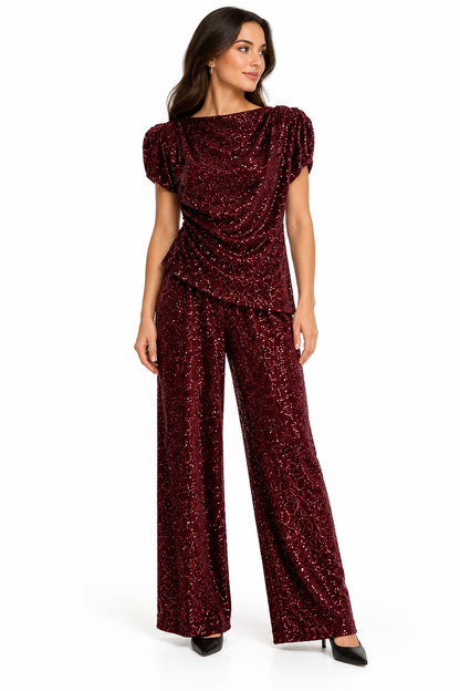 Wine Sequin Pull On Pant