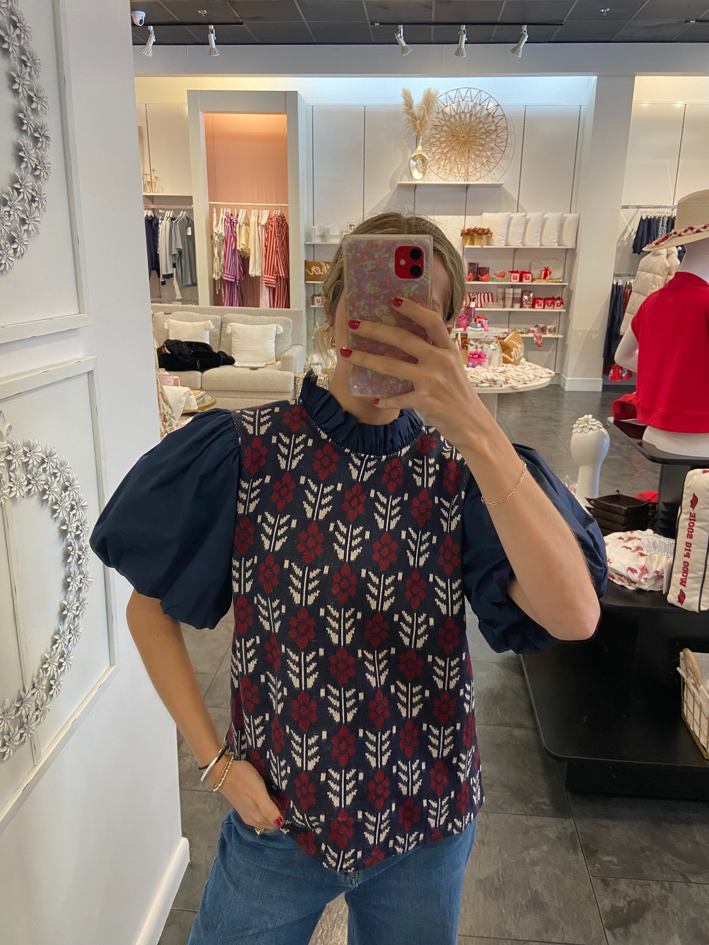 Jennifer Navy Puff Sleeve Mixed Media Floral Sweater