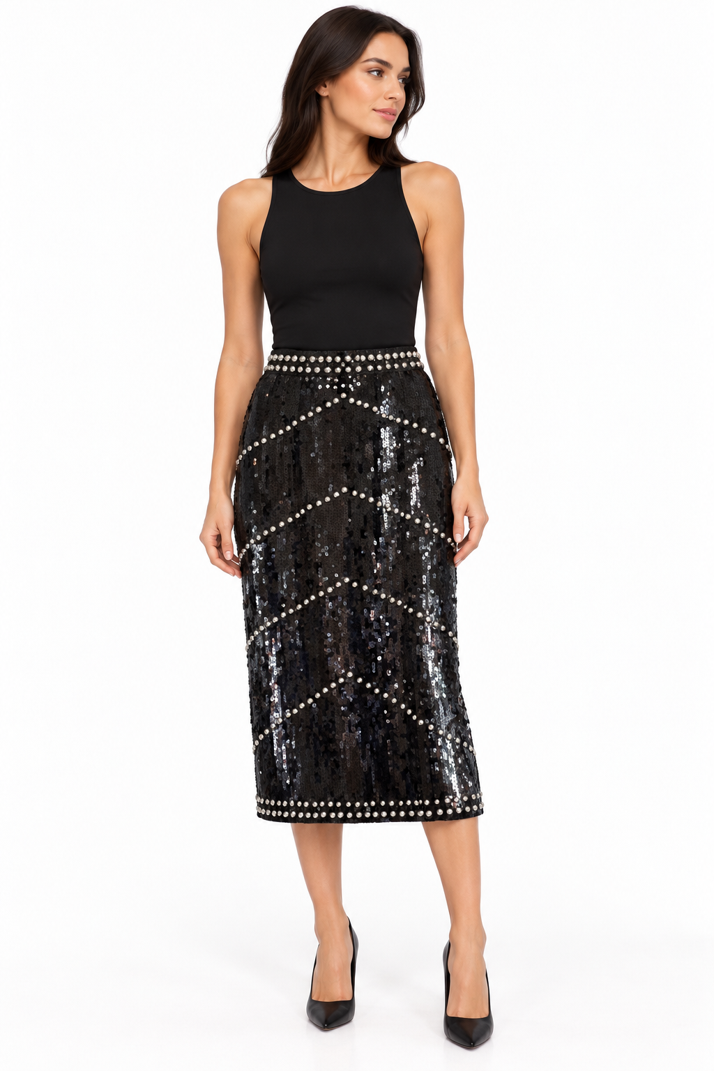 Suzie Black Sequin Studded Midi Skirt