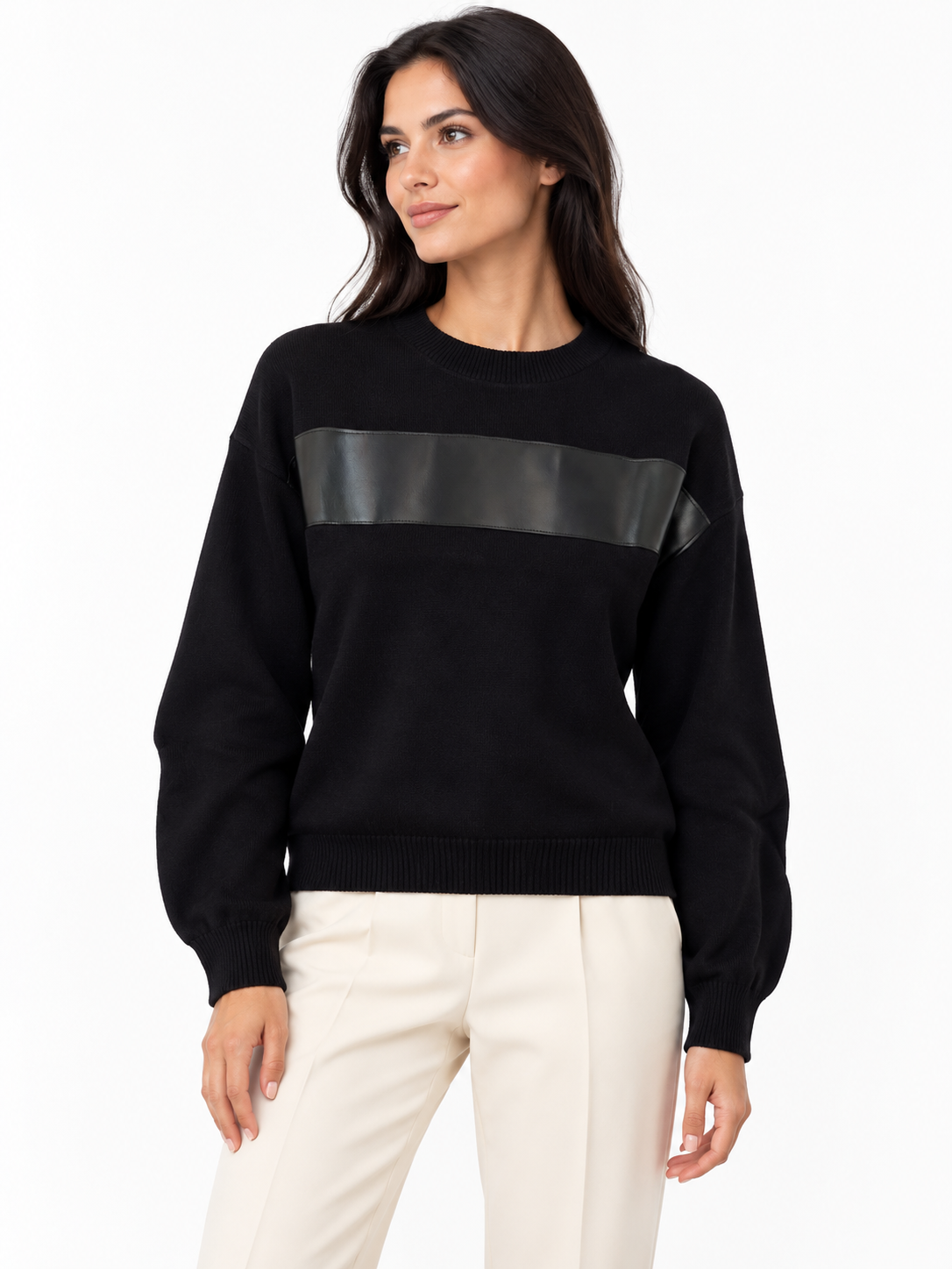 Gabrielle Black With Faux Leather Panel Sweater