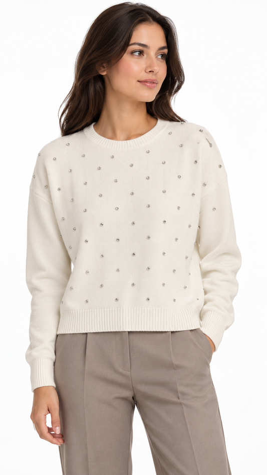 Corey Cream With Rhinestones Long Sleeve Sweater