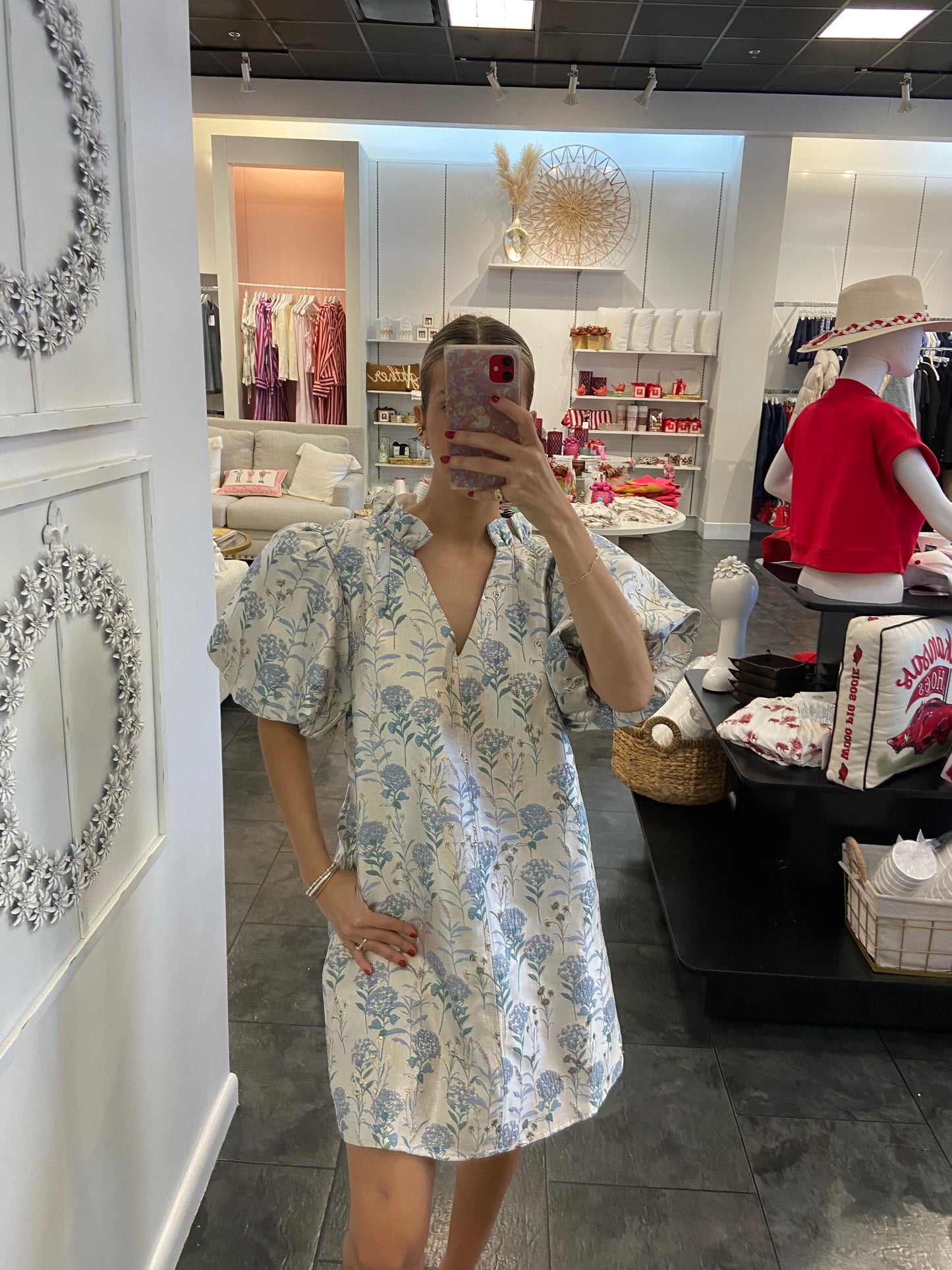 Sky Blue Puff Sleeve Brocade Dress