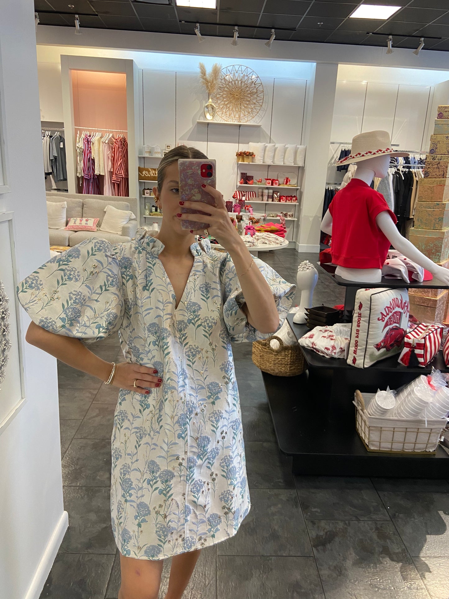 Sky Blue Puff Sleeve Brocade Dress