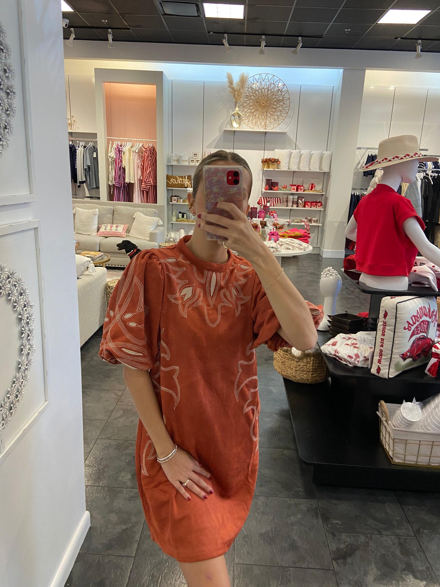 Rust Puff Sleeve Suede Embroidered Dress