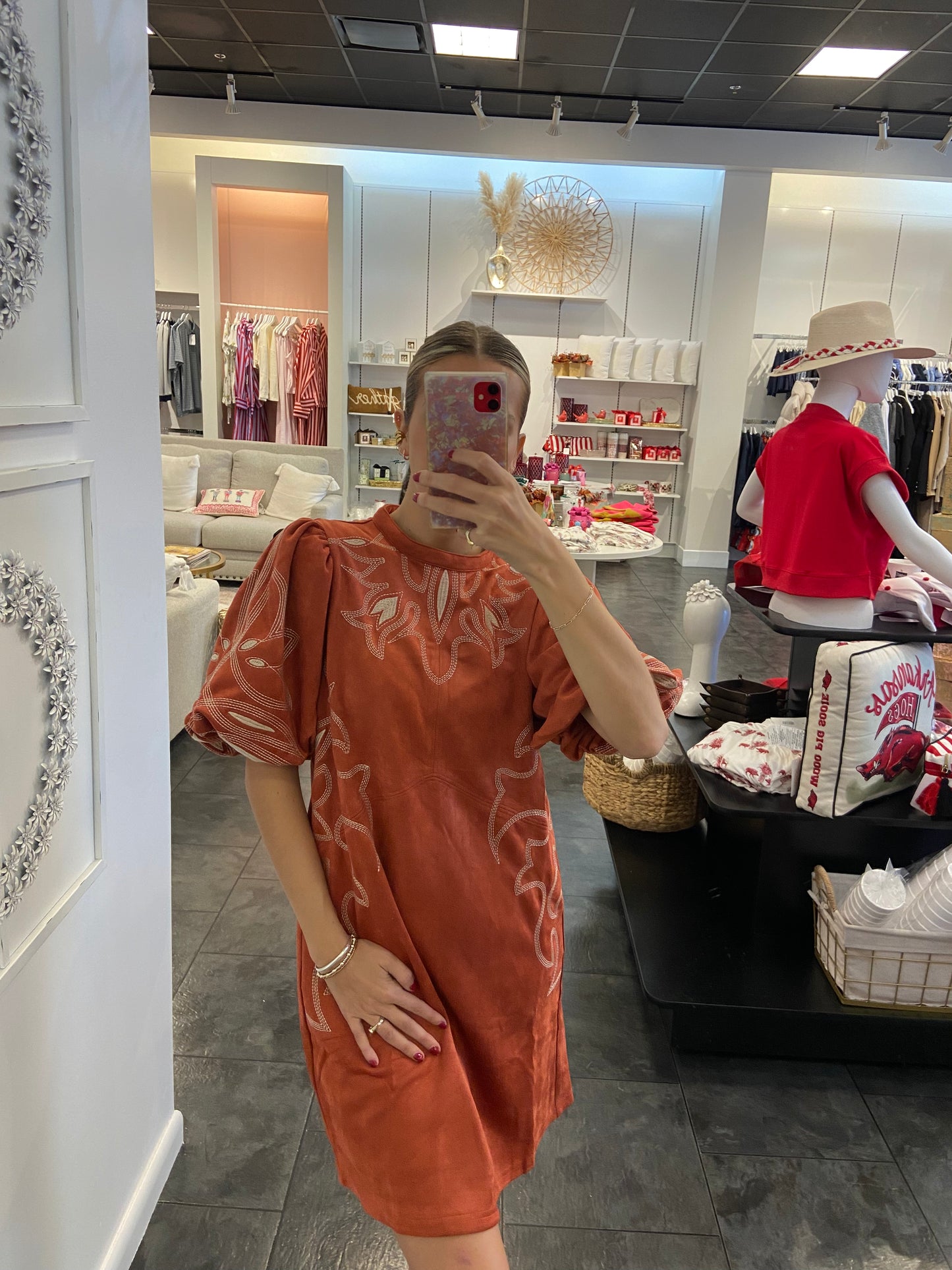Rust Puff Sleeve Suede Embroidered Dress