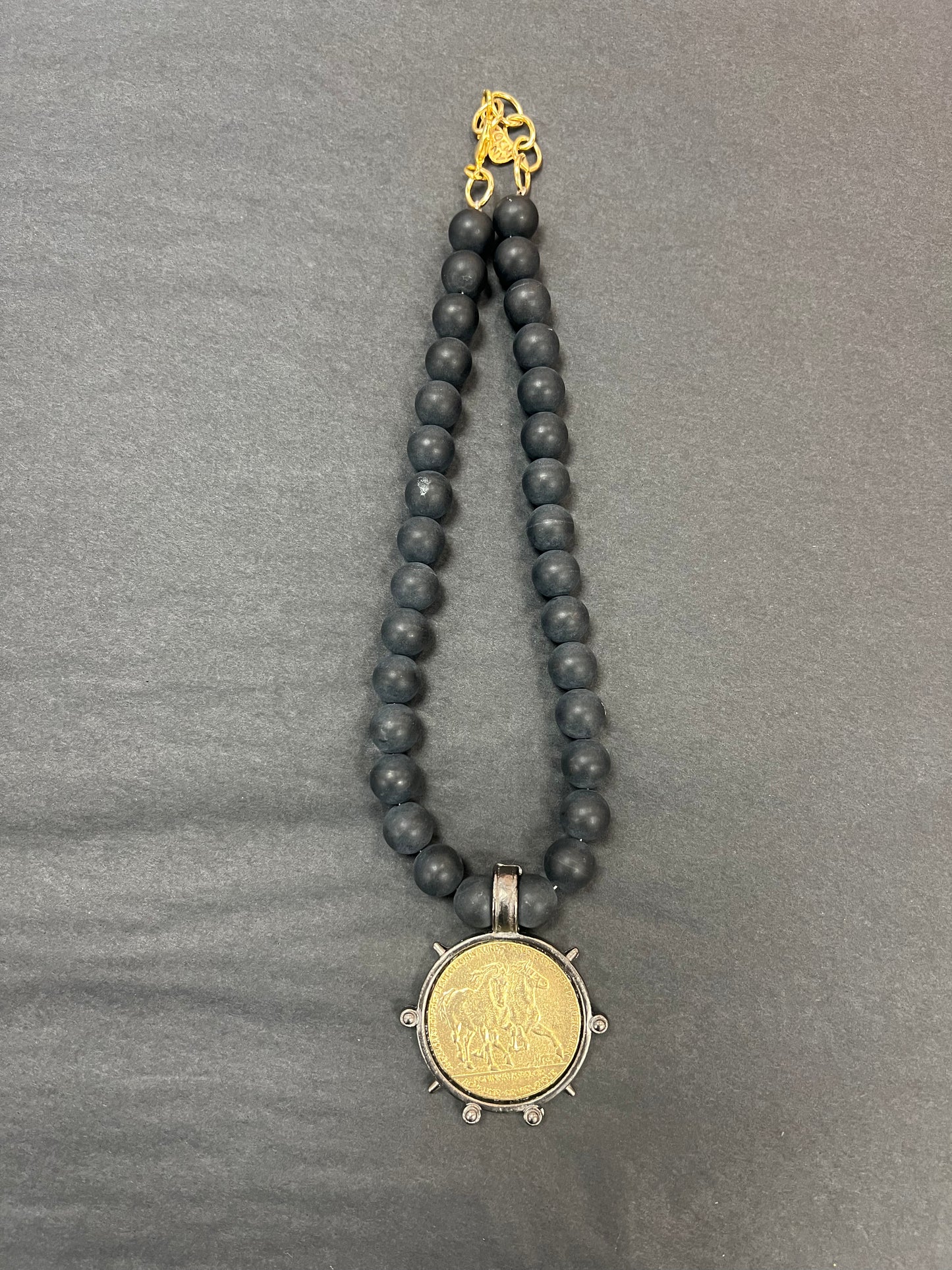 YOCHI Black Pearls with Horses Coin Necklace