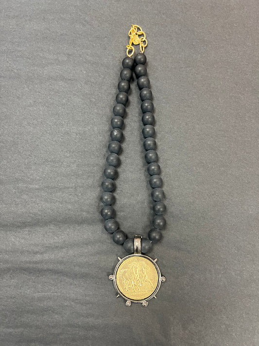 YOCHI Black Pearls with Horses Coin Necklace