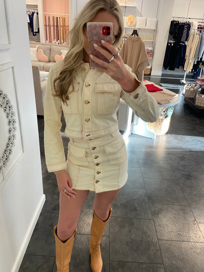 Take Me Out Cream Denim Jacket with Skirt Set