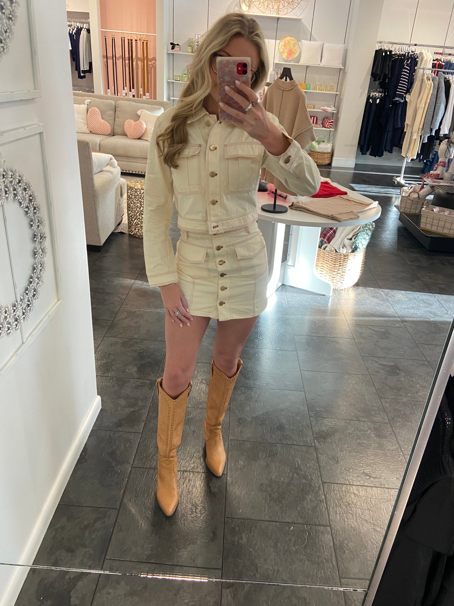 Take Me Out Cream Denim Jacket with Skirt Set