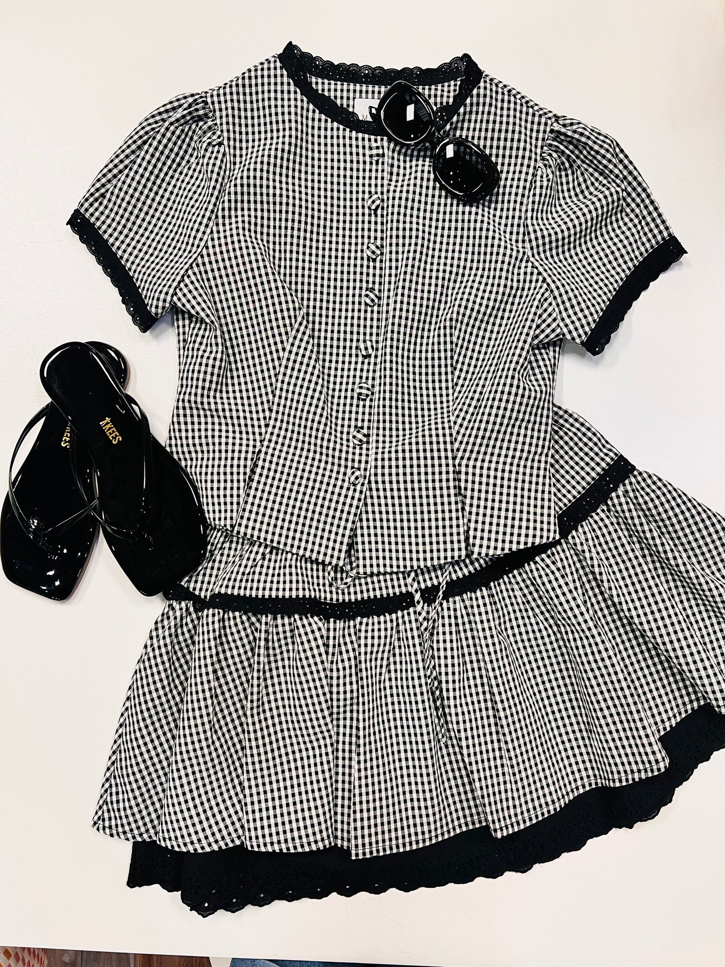 Black and White Gingham Plaid Lace Trimmed Blouse and Mini Skirt Set