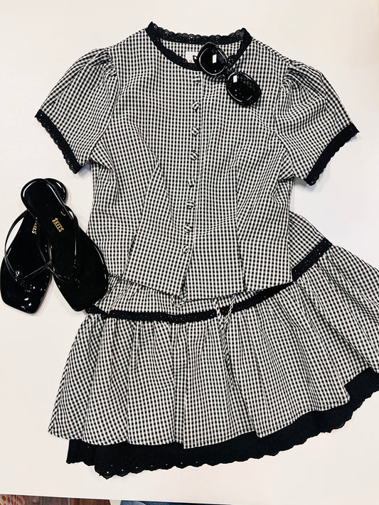 Black and White Gingham Plaid Lace Trimmed Blouse and Mini Skirt Set