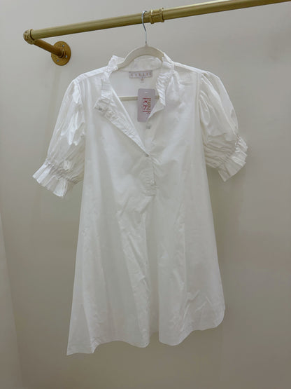 KARLIE White Poplin Ruffle Neck Back Tie Dress