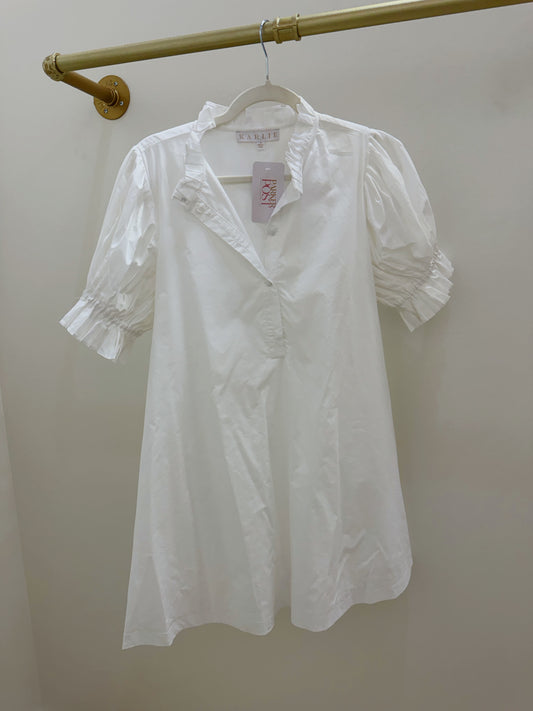 KARLIE White Poplin Ruffle Neck Back Tie Dress