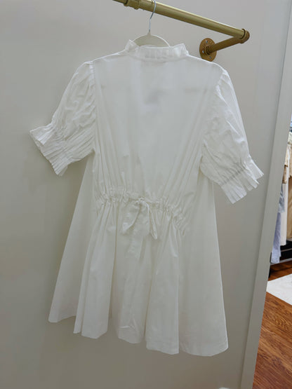 KARLIE White Poplin Ruffle Neck Back Tie Dress