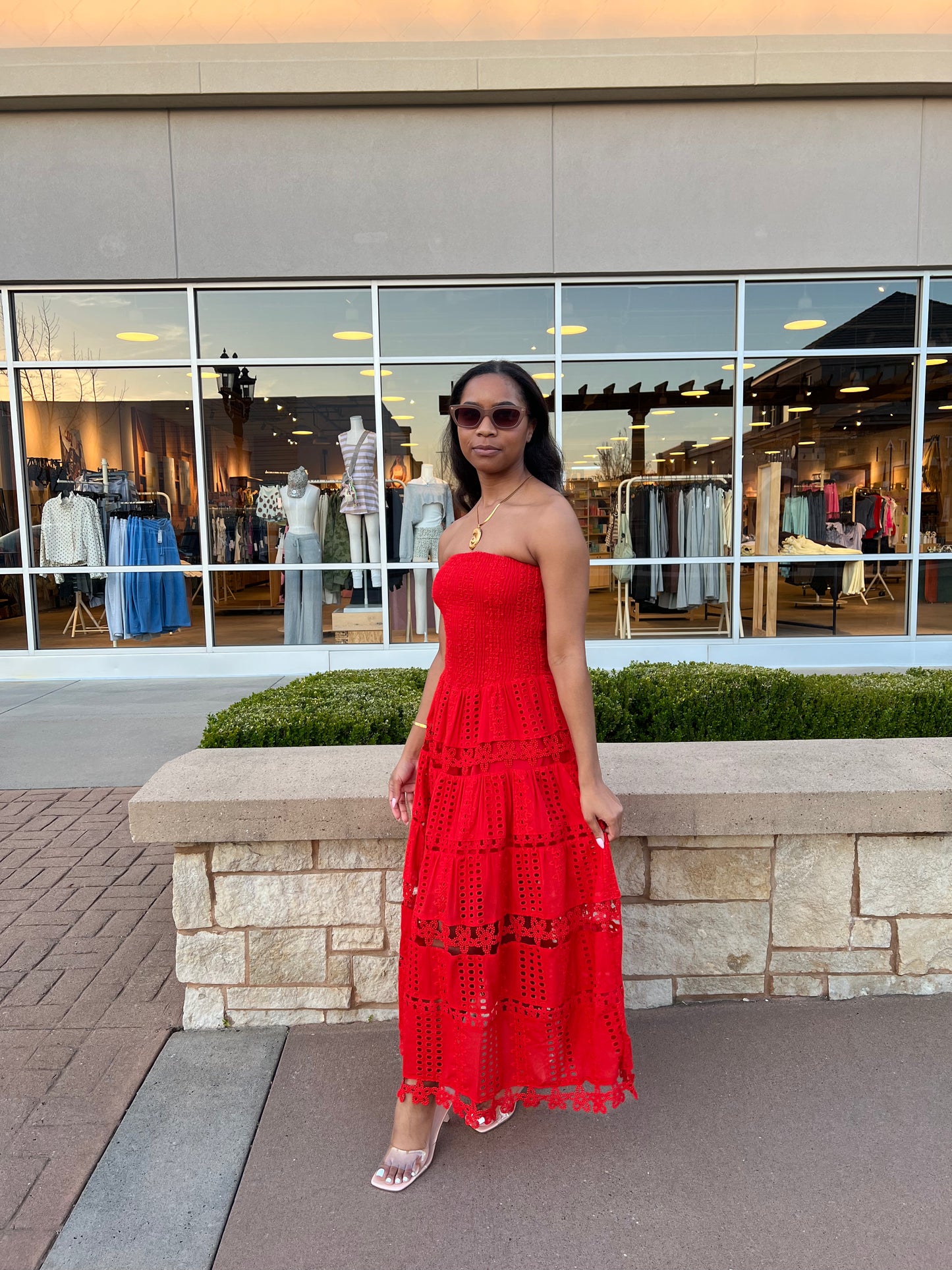 The Estachia Red Eyelet Lace Tube Maxi Dress