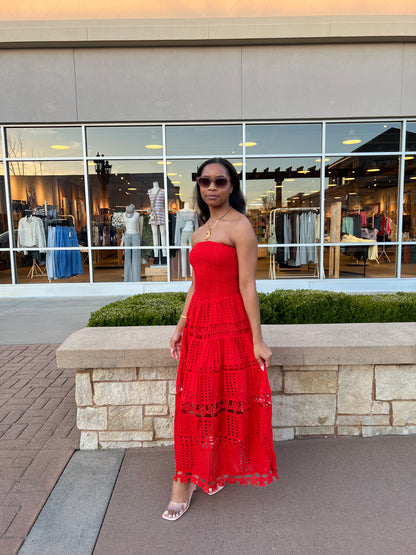 The Estachia Red Eyelet Lace Tube Maxi Dress