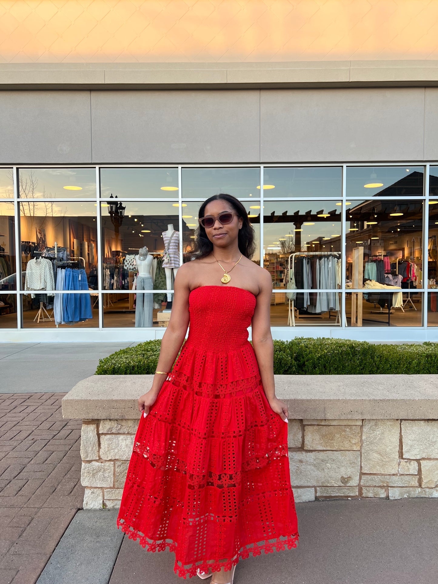 The Estachia Red Eyelet Lace Tube Maxi Dress