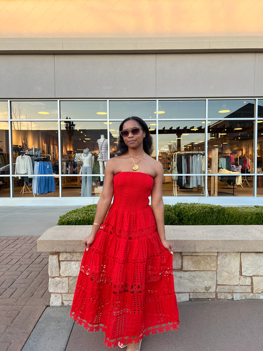 The Estachia Red Eyelet Lace Tube Maxi Dress
