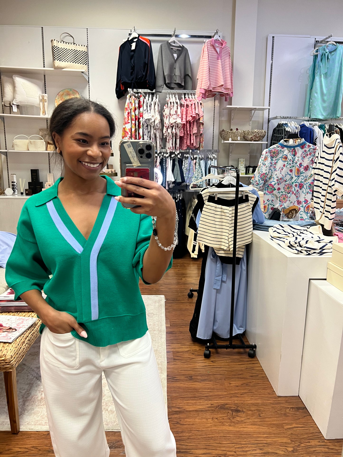 Green Cheer Short Sleeve V-Neck Sweater