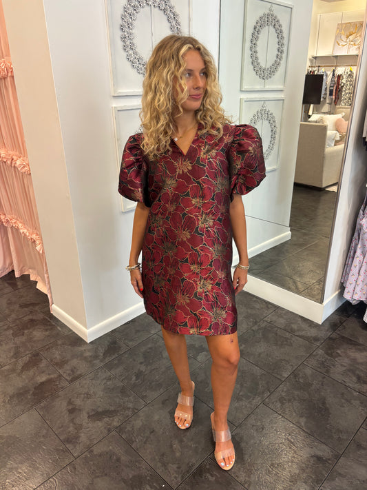 Burgundy Ruffle V-Neck Puff Sleeve Brocade Mini Dress