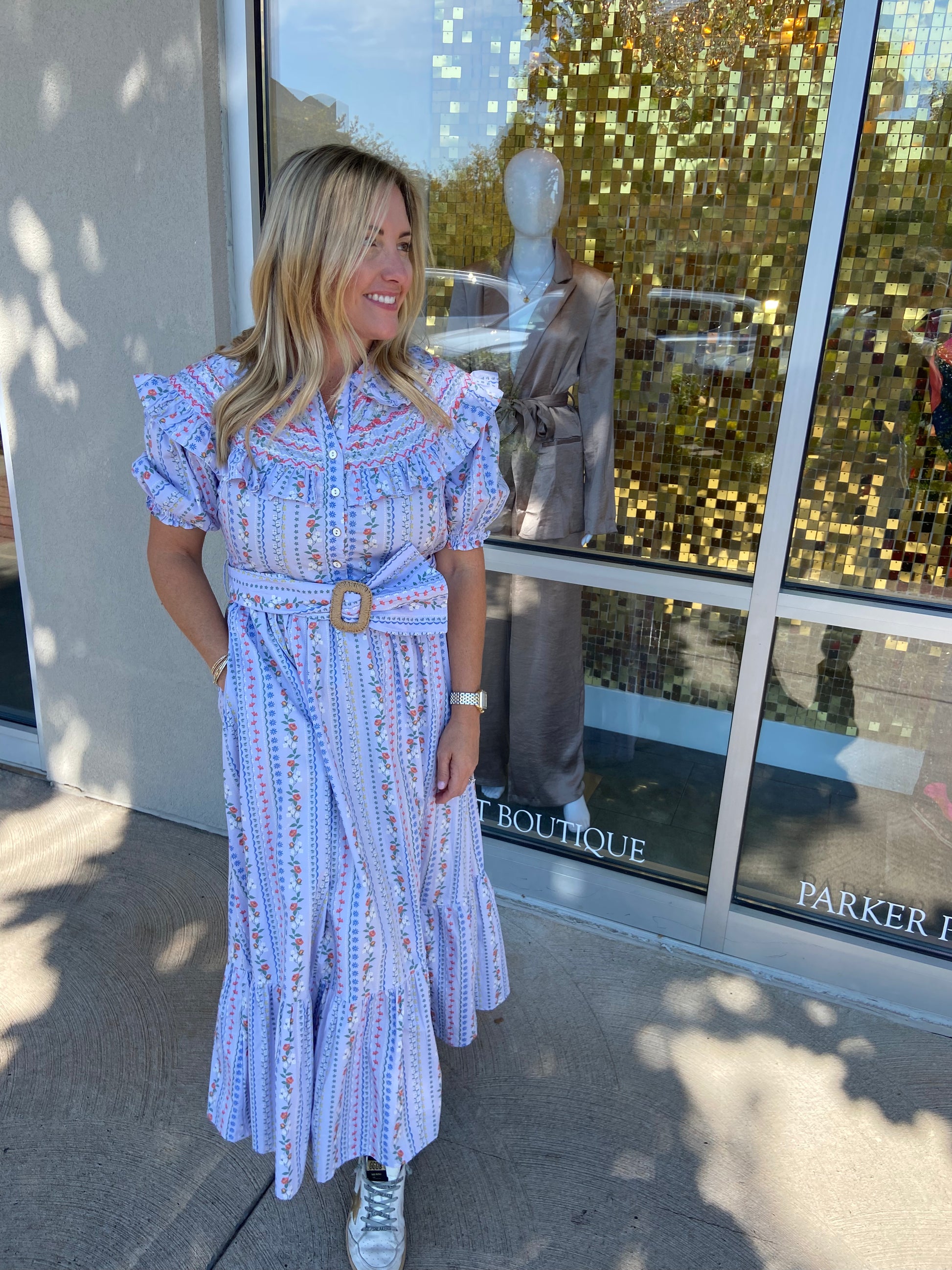 French Floral Vine Belted Maxi Dress L French Floral Vine Belted Maxi Dress L