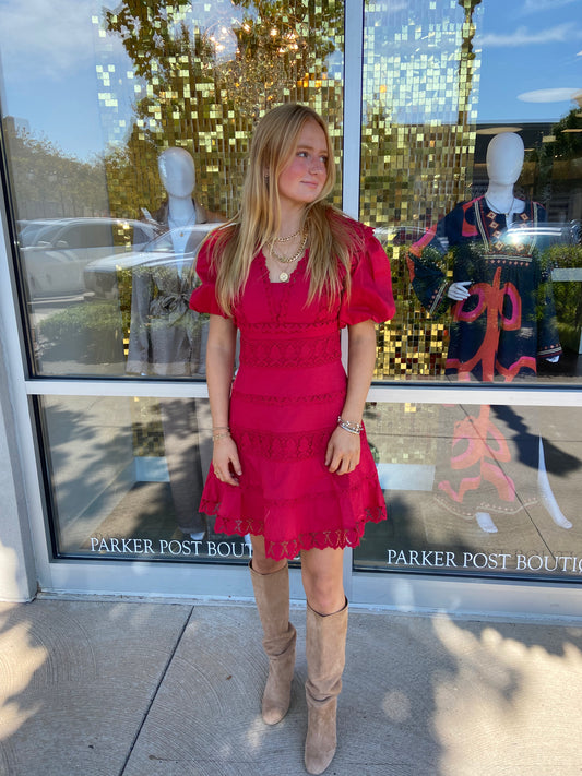 Karlie Red Lace Trim Puff Sleeve V-Neck Dress