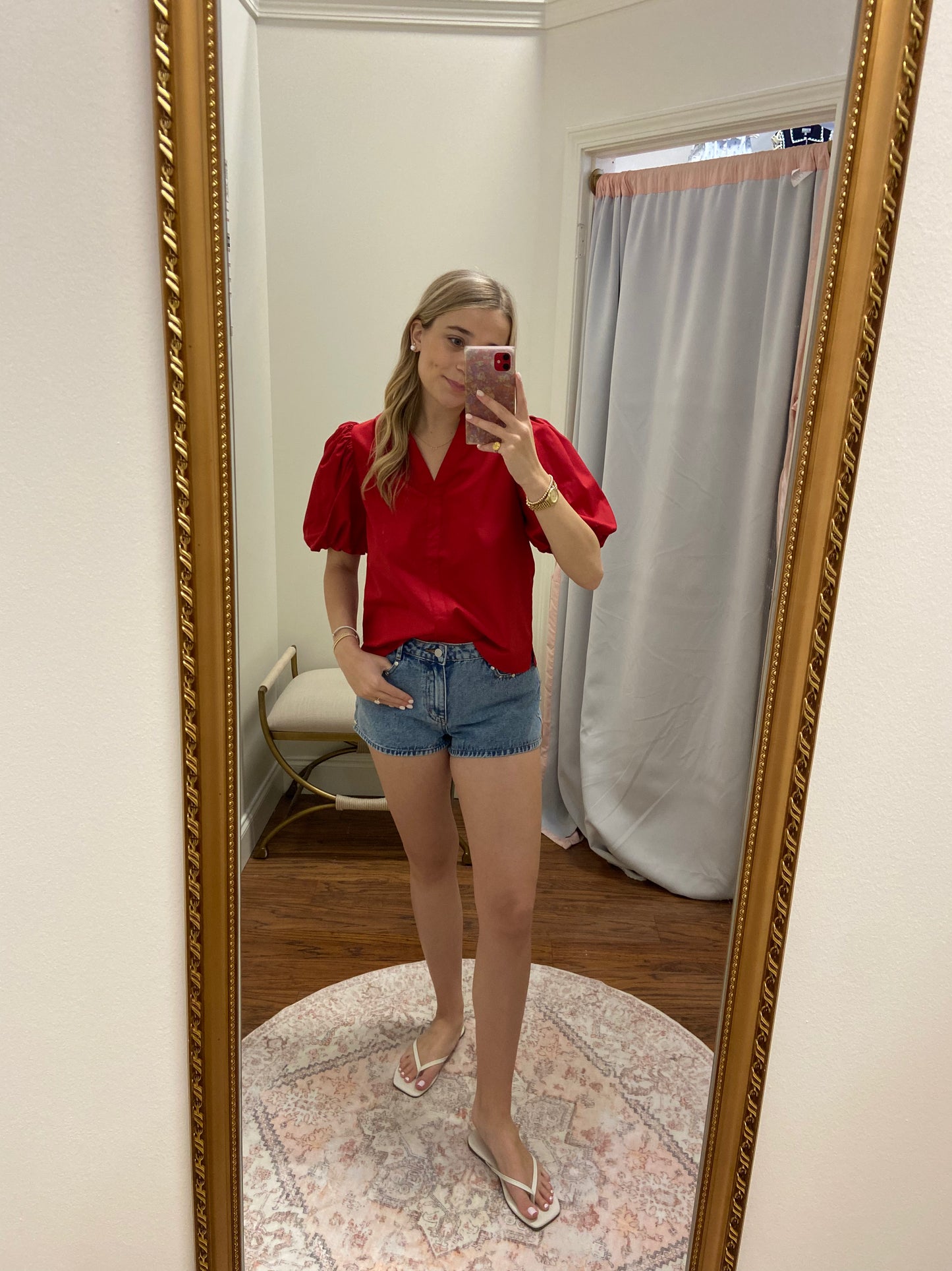 Rio Bubble Sleeve Red Blouse Top