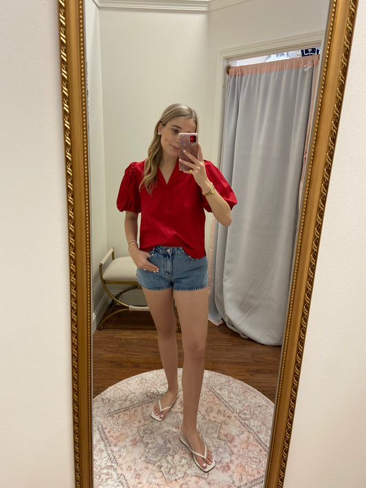 Rio Bubble Sleeve Red Blouse Top