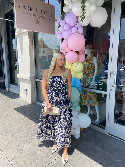 Miller Navy and Cream Print Strapless Dress