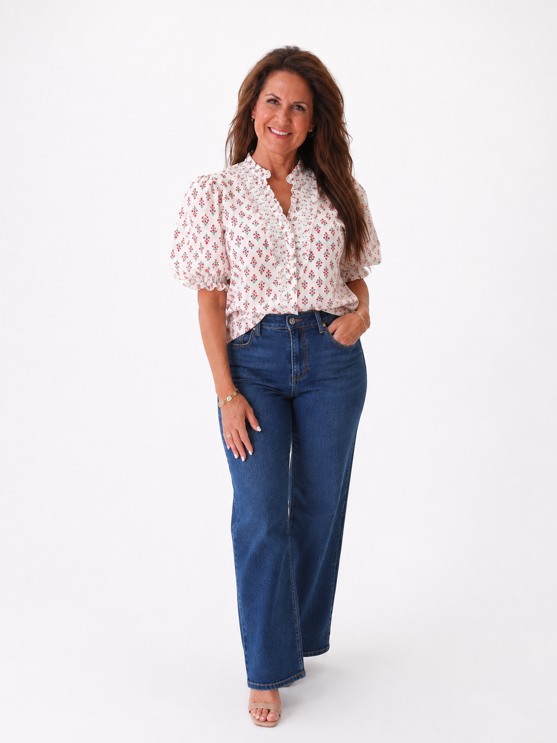KARLIE Vintage Floral Ruffle Neck Button Up Top
