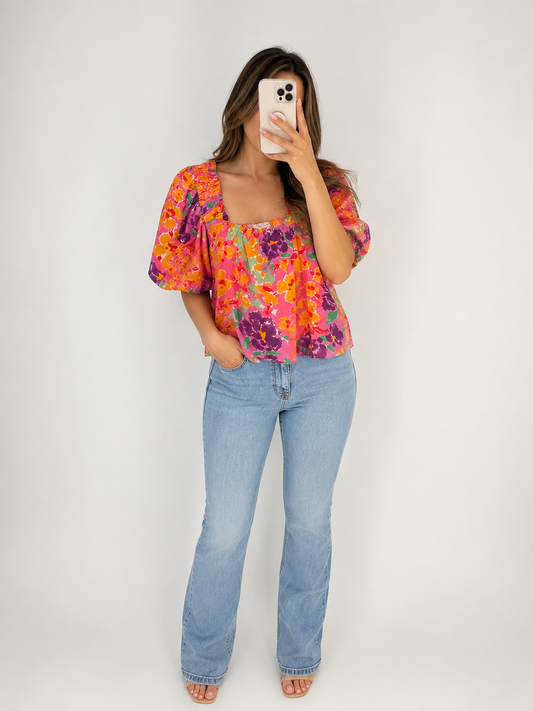 Pink Poplin Square Neck Top