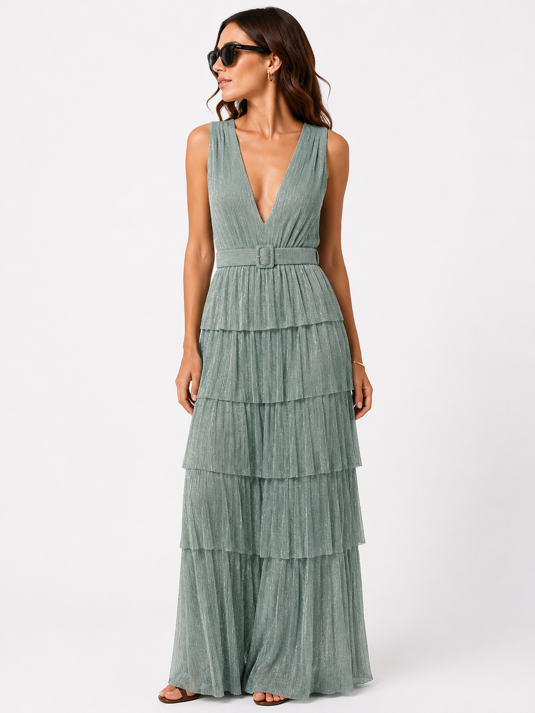 Karlie Metallic Green V-Neck Maxi Dress