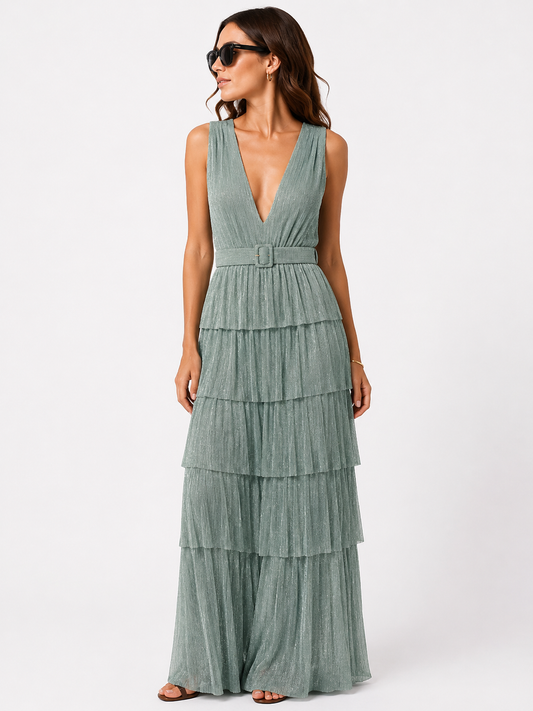 Karlie Metallic Green V-Neck Maxi Dress