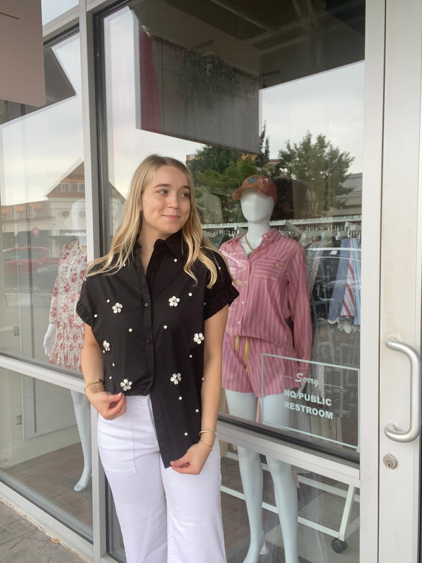 KARLIE Cecillia Black Poplin Jeweled Top