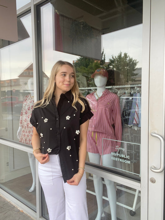 KARLIE Cecillia Black Poplin Jeweled Top