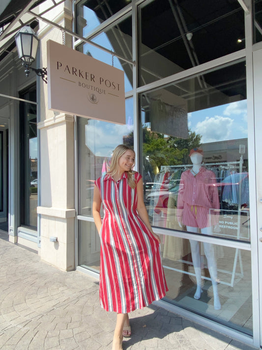 Red, White & Blue Stripe Midi Dress