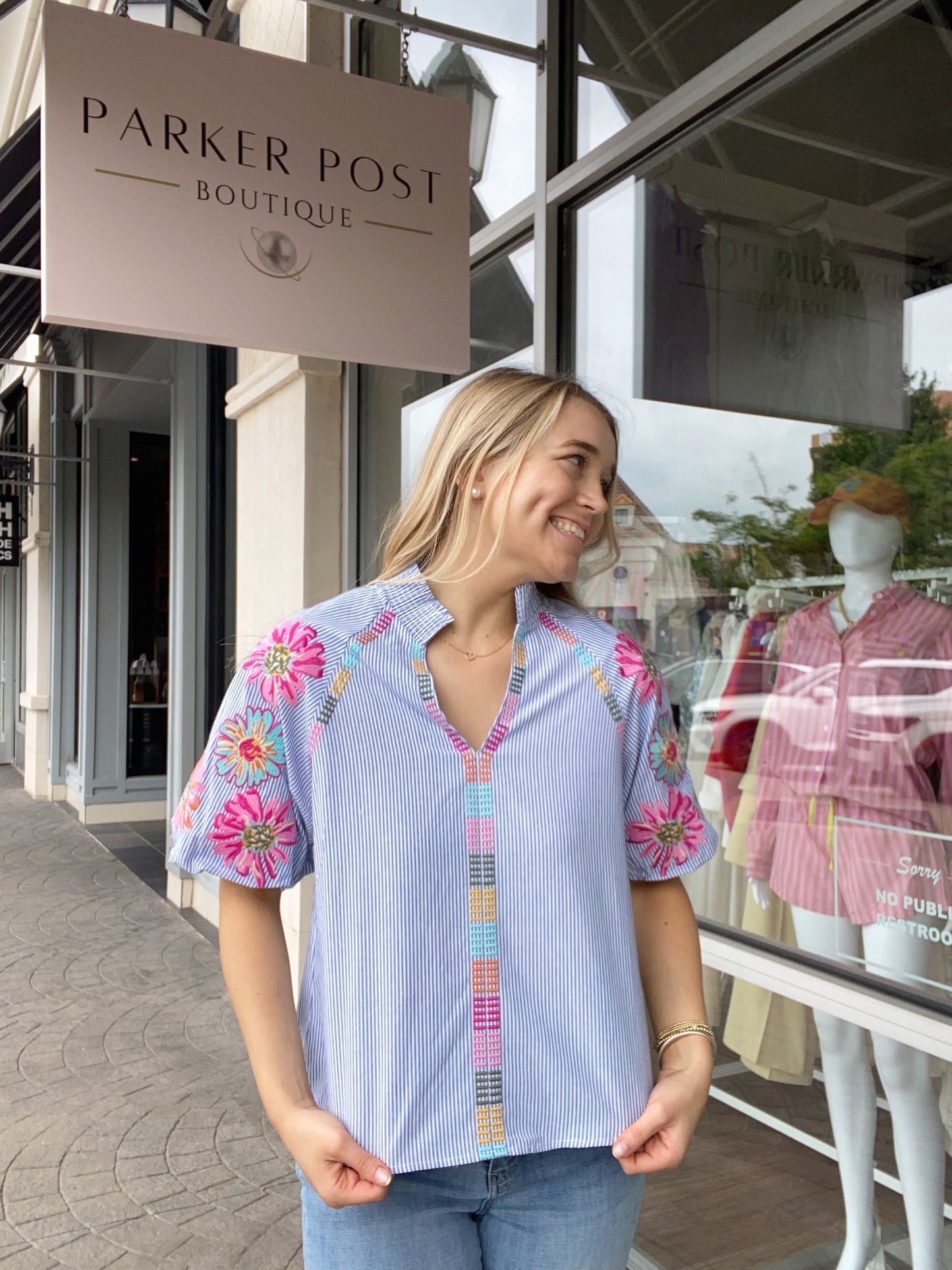 Flower Power Blue Puff Sleeve Top