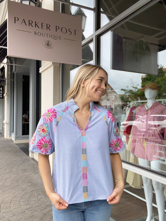 Flower Power Blue Puff Sleeve Top