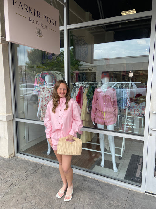 Lana Oversized Poplin Shirt Two Piece Set - Pink
