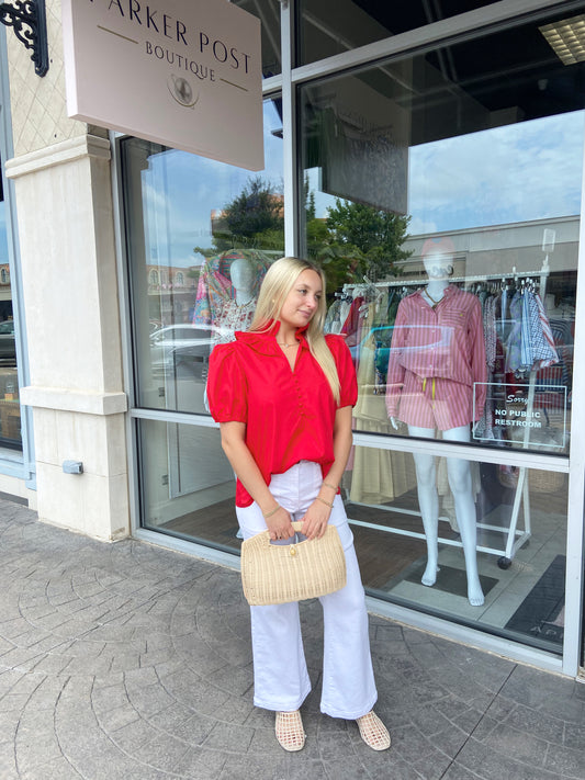 Deeni Red Ruffle Neck Blouse