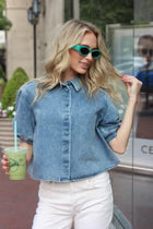 KARLIE Denim Button Puff Sleeve Top